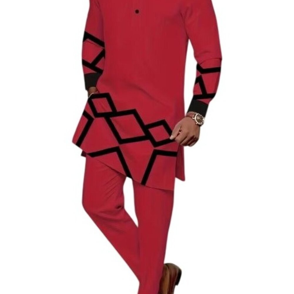 African Formal Dashiki Vibrant Red Shirt & Pant Suit Traditional Dress Outfit